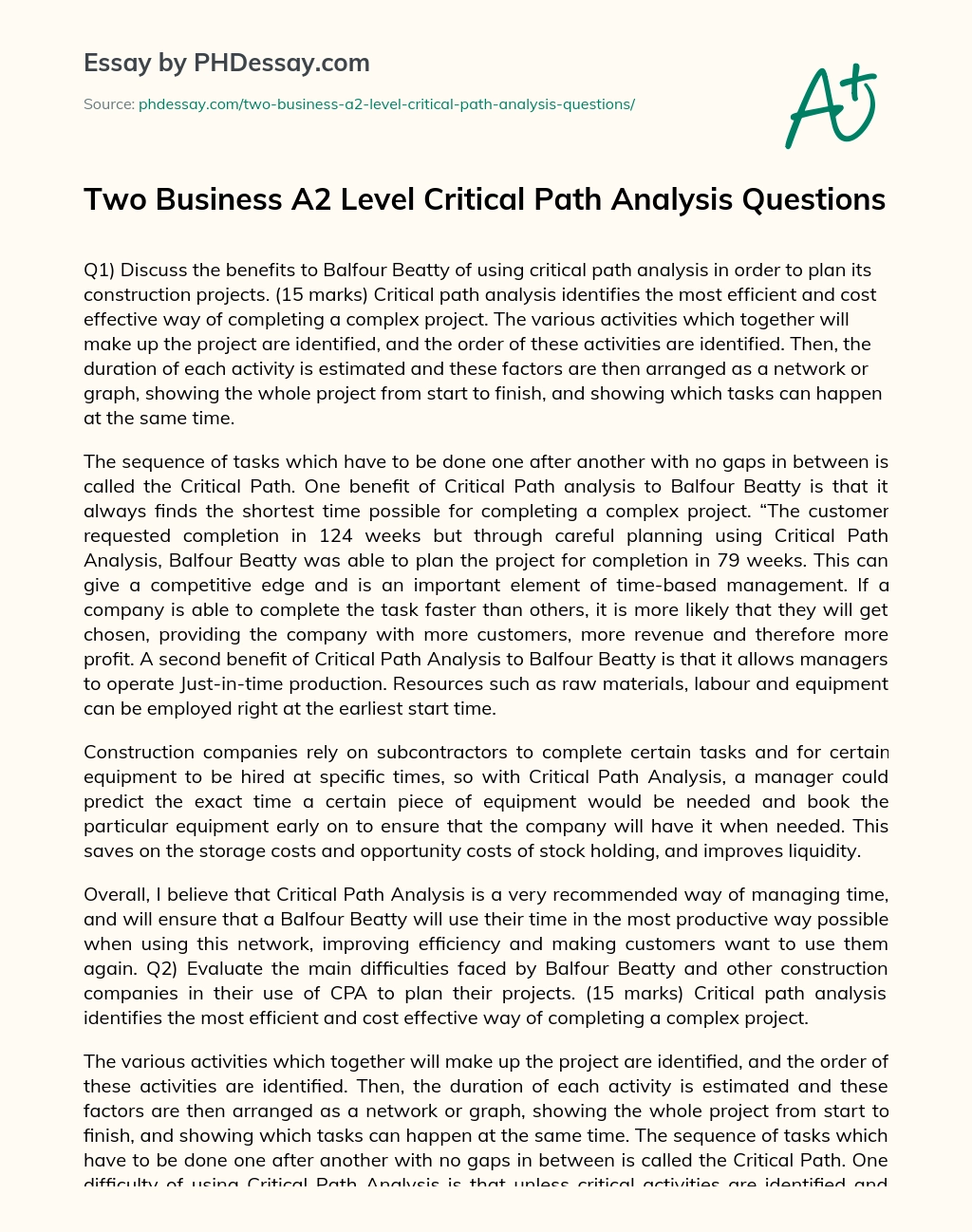 Two Business A2 Level Critical Path Analysis Questions essay