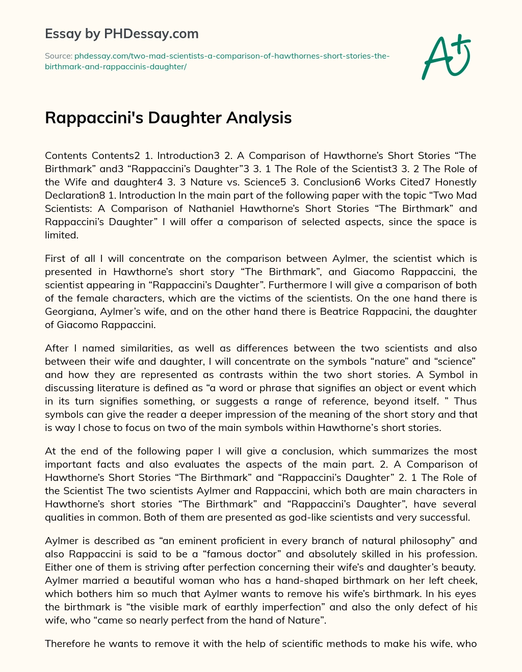 Rappaccini’s Daughter Analysis essay