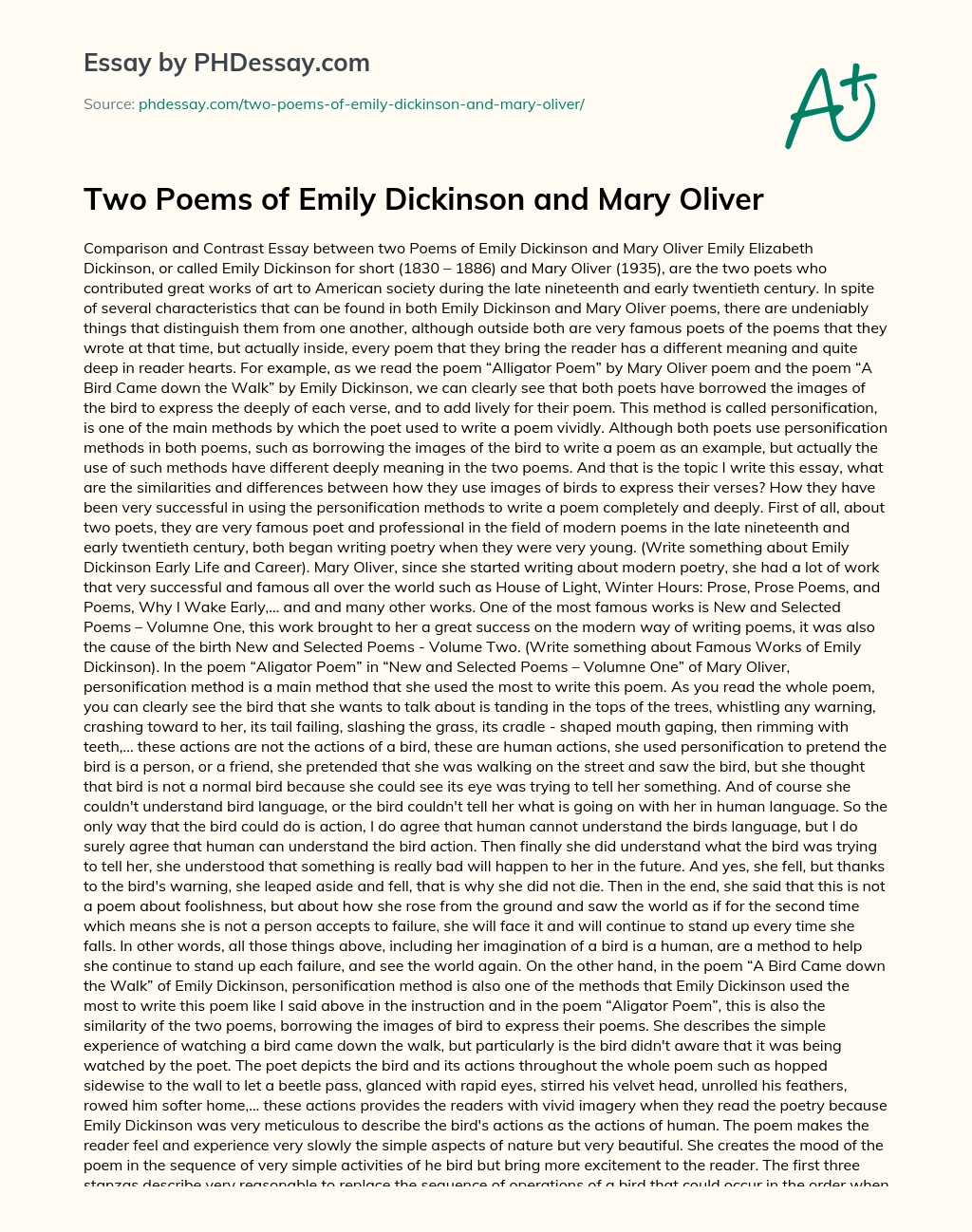 Two Poems of Emily Dickinson and Mary Oliver essay