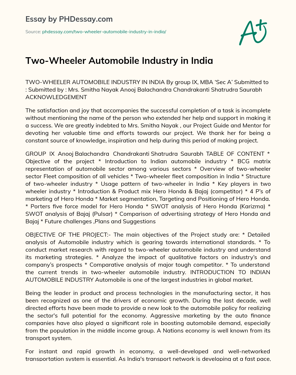 Two-Wheeler Automobile Industry in India essay