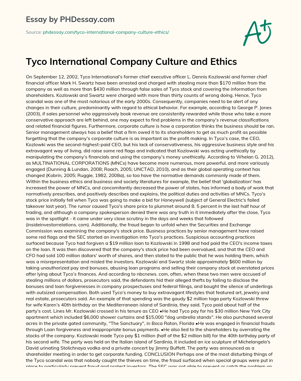Tyco International Company Culture and Ethics essay