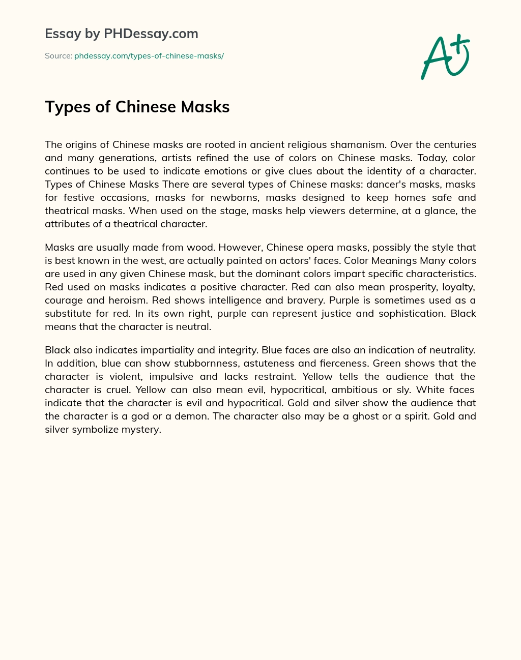 Types of Chinese Masks essay