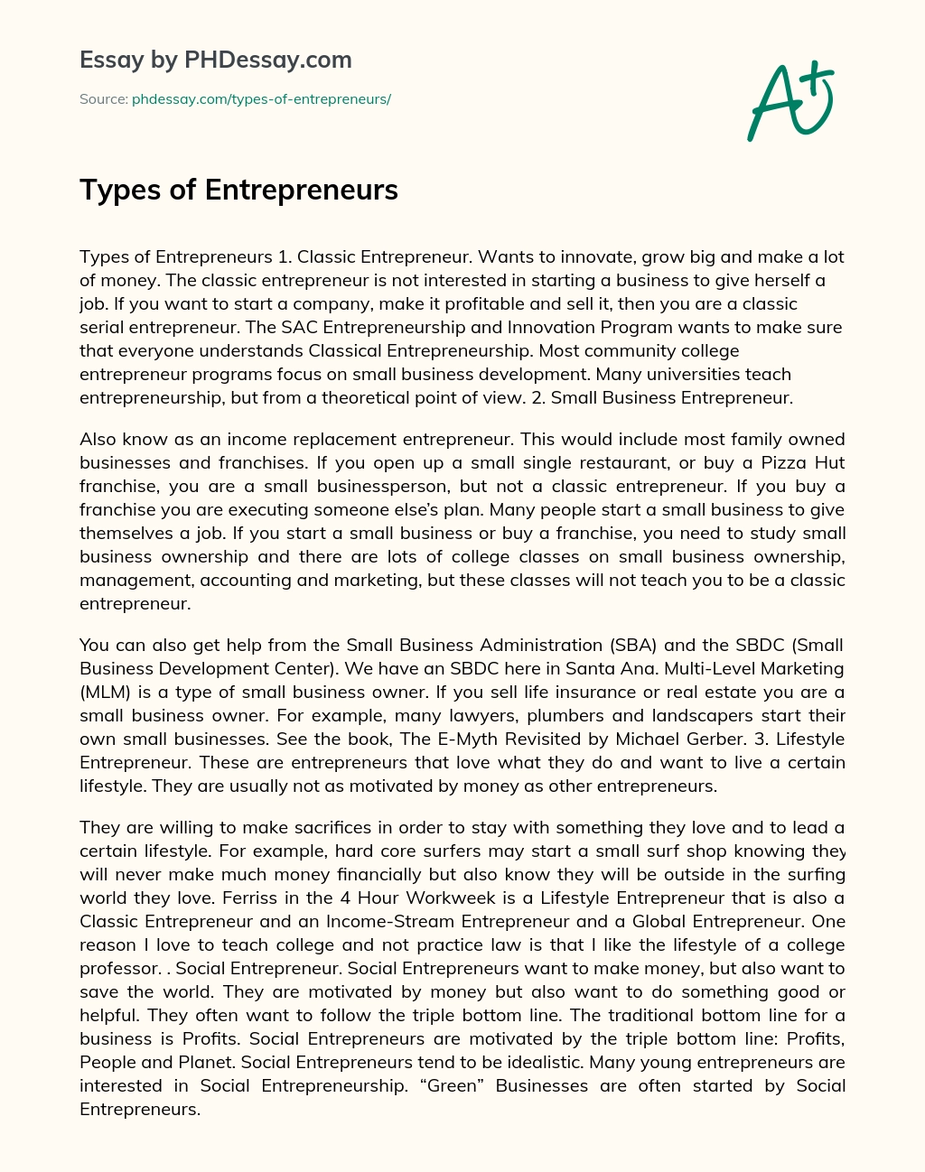 Types of Entrepreneurs essay