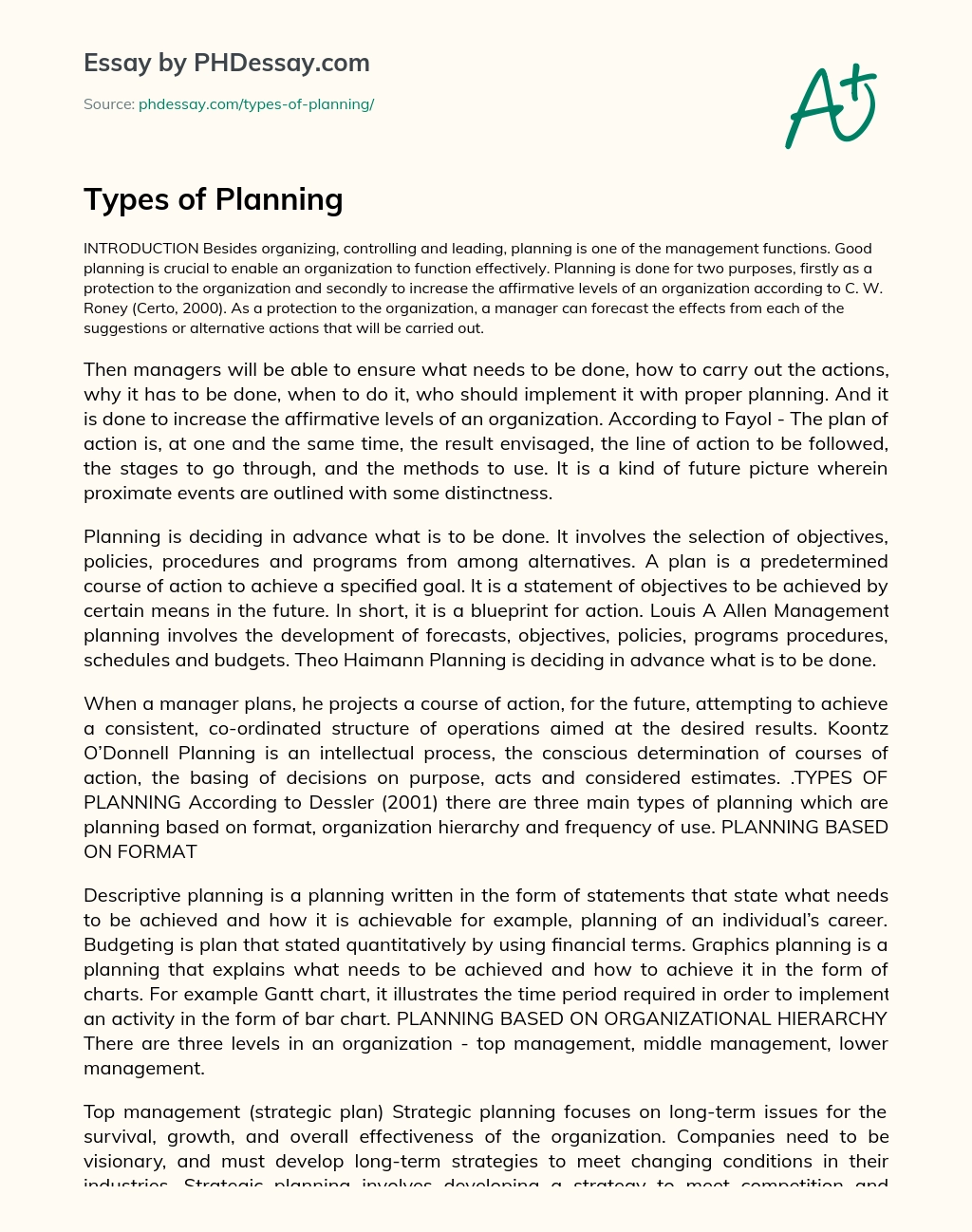 Types of Planning essay
