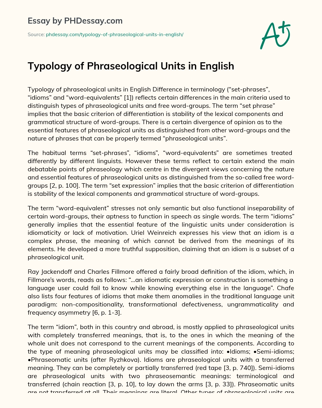 Typology of Phraseological Units in English essay