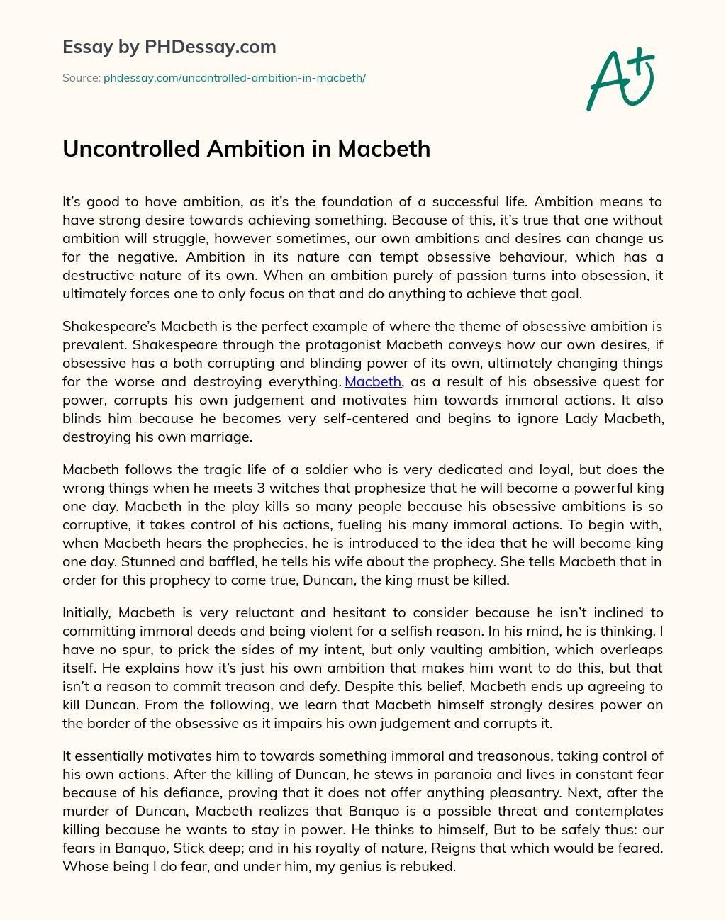 Uncontrolled Ambition in Macbeth essay
