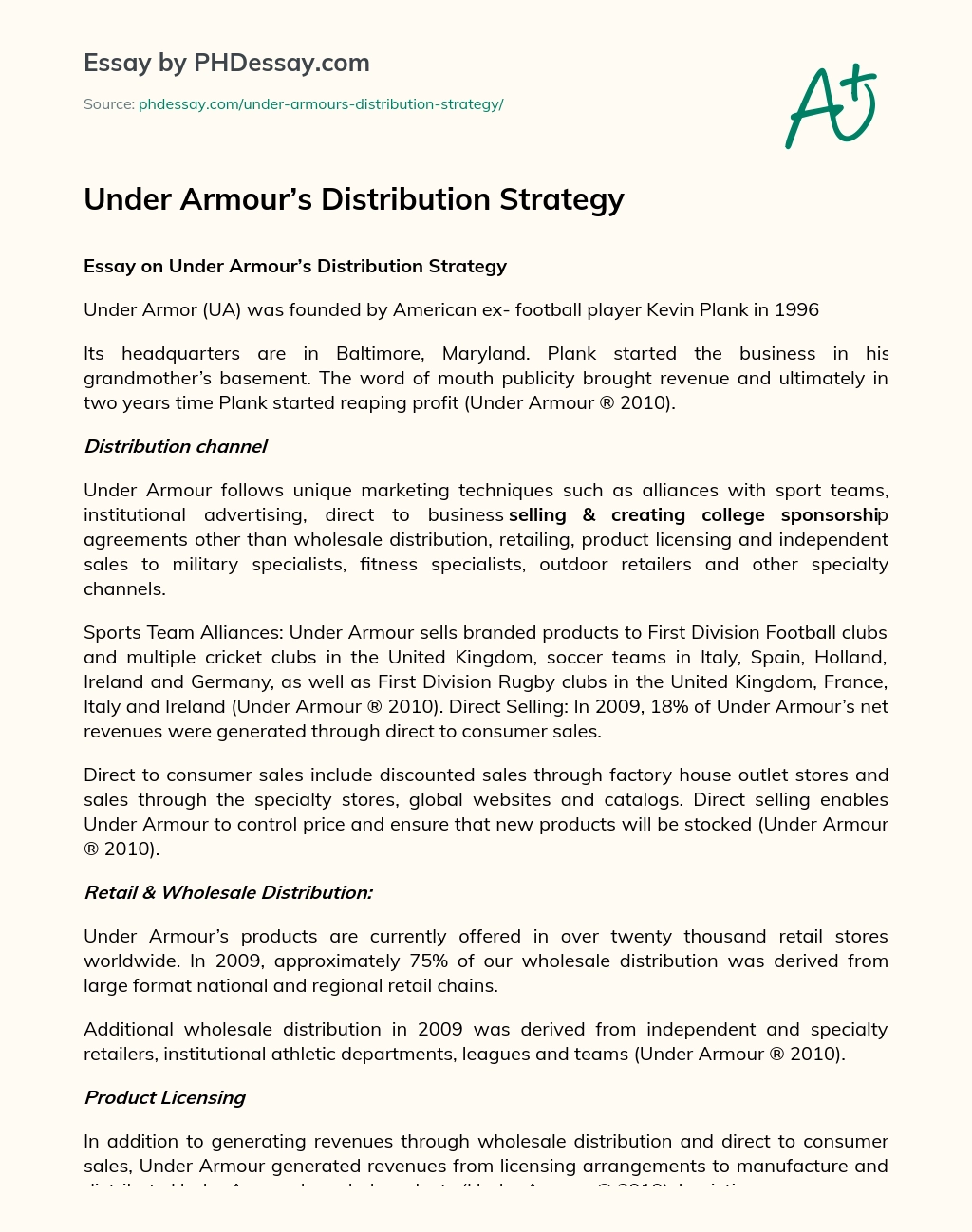 Under Armour’s Distribution Strategy essay