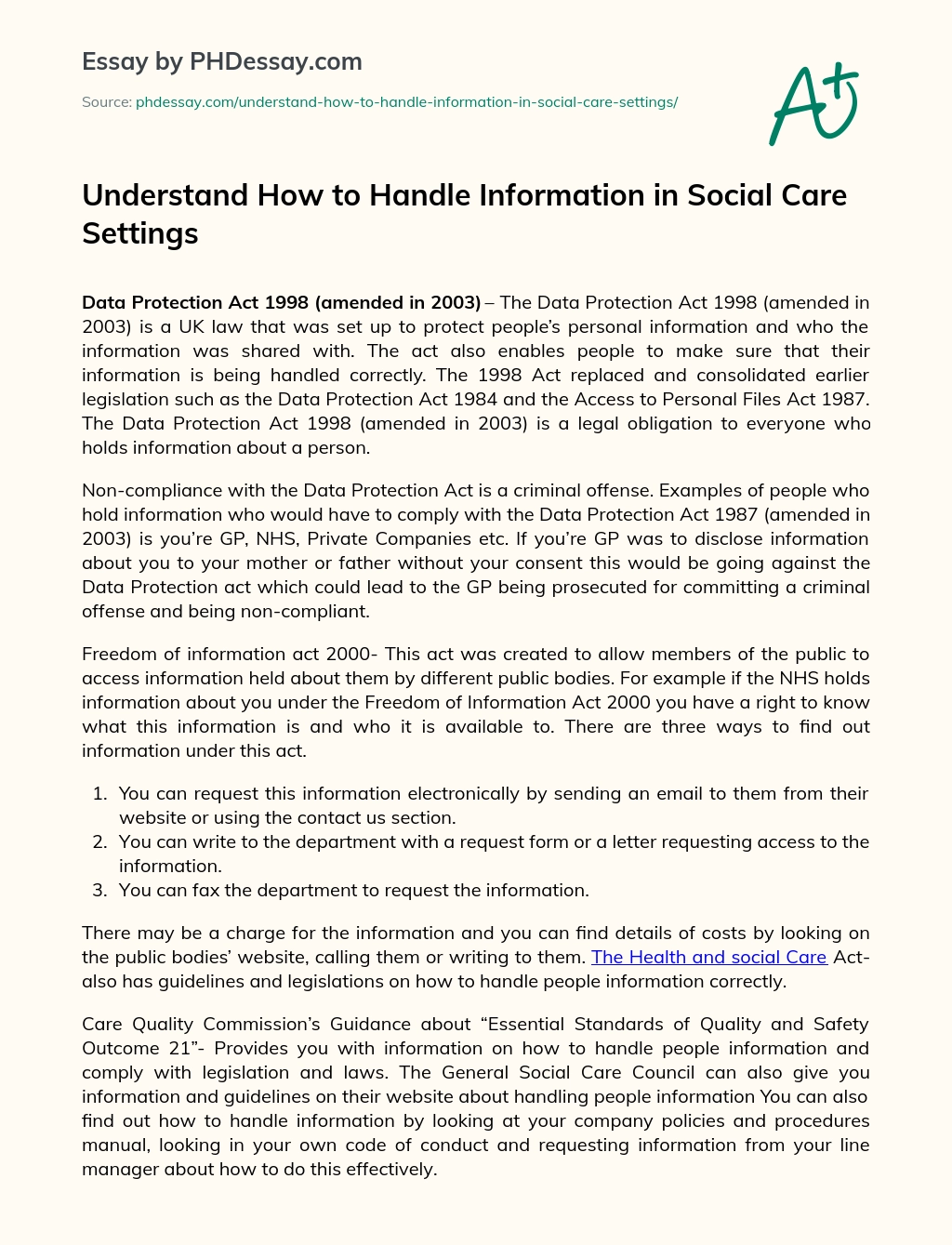 Understand How to Handle Information in Social Care Settings essay
