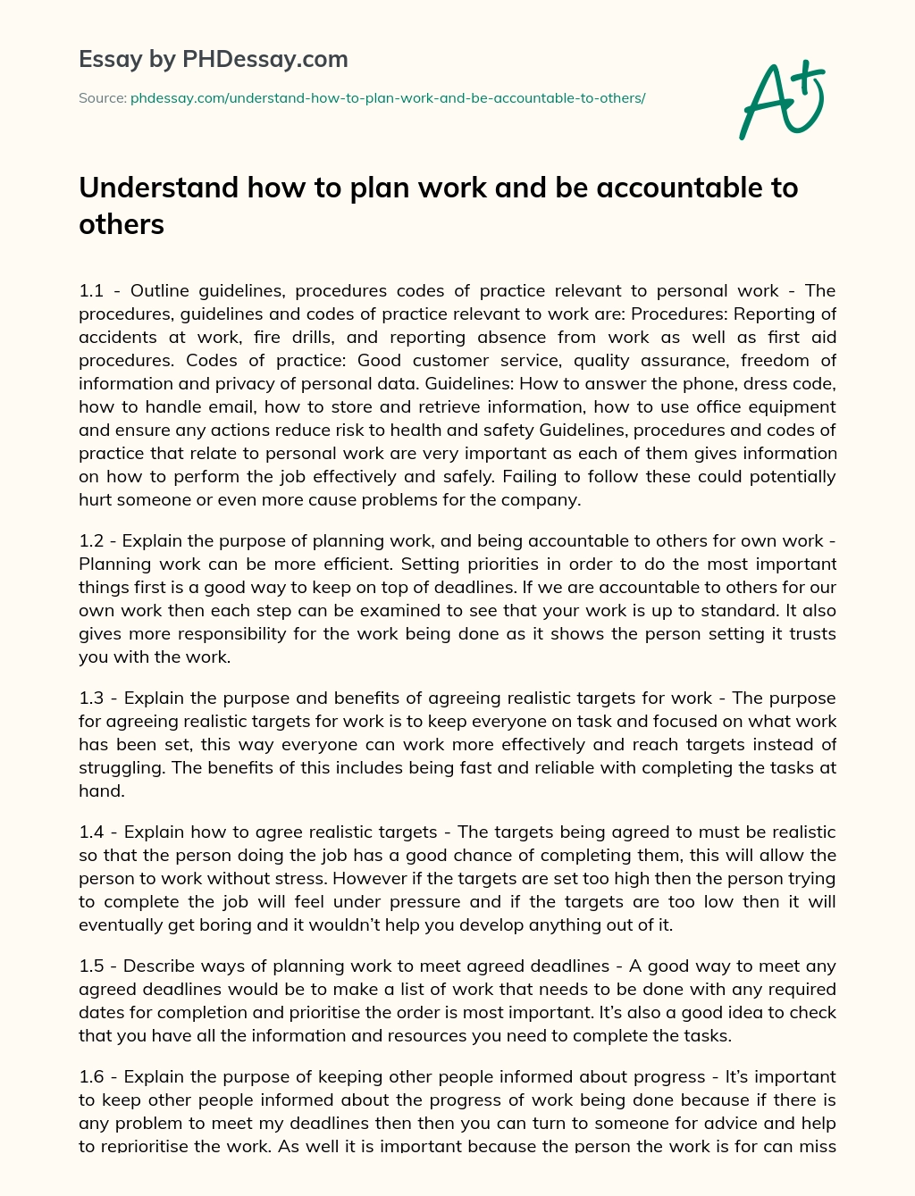 Understand how to plan work and be accountable to others essay