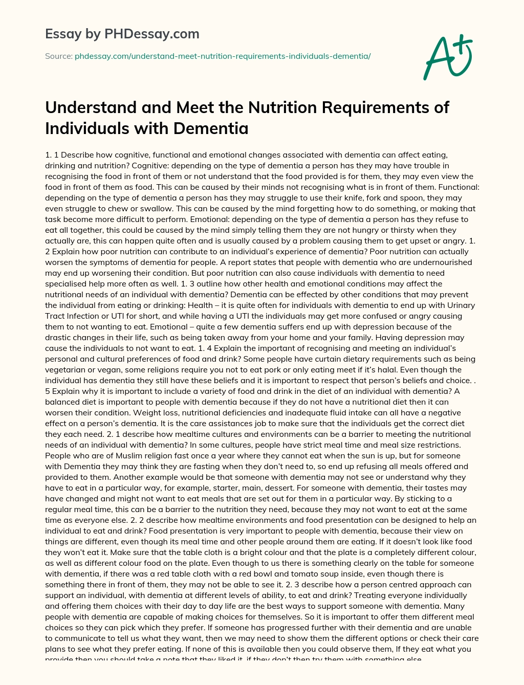 Understand and Meet the Nutrition Requirements of Individuals with Dementia essay