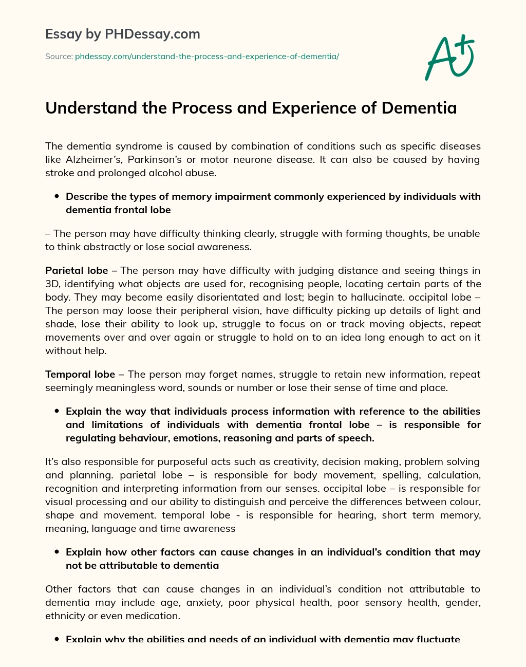 Understand the Process and Experience of Dementia essay