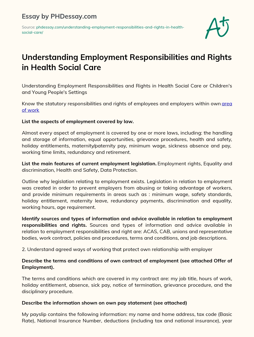 Understanding Employment Responsibilities and Rights in Health Social Care essay
