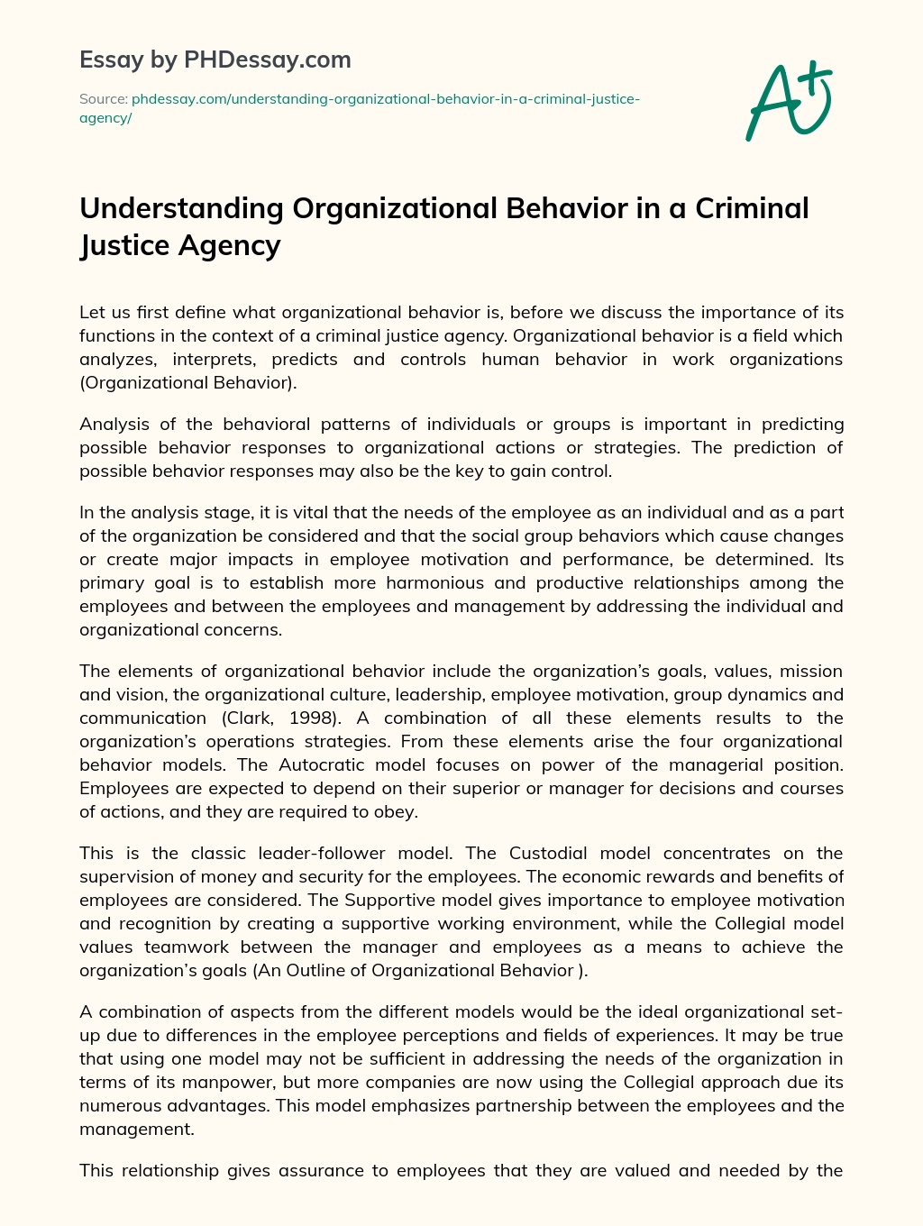 Understanding Organizational Behavior in a  Criminal Justice Agency essay