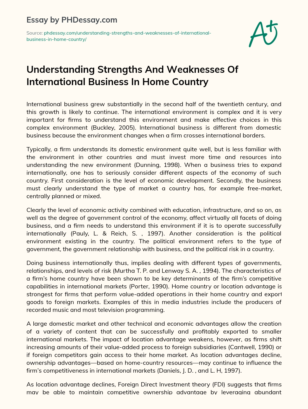 Understanding Strengths And Weaknesses Of International Business In Home Country essay