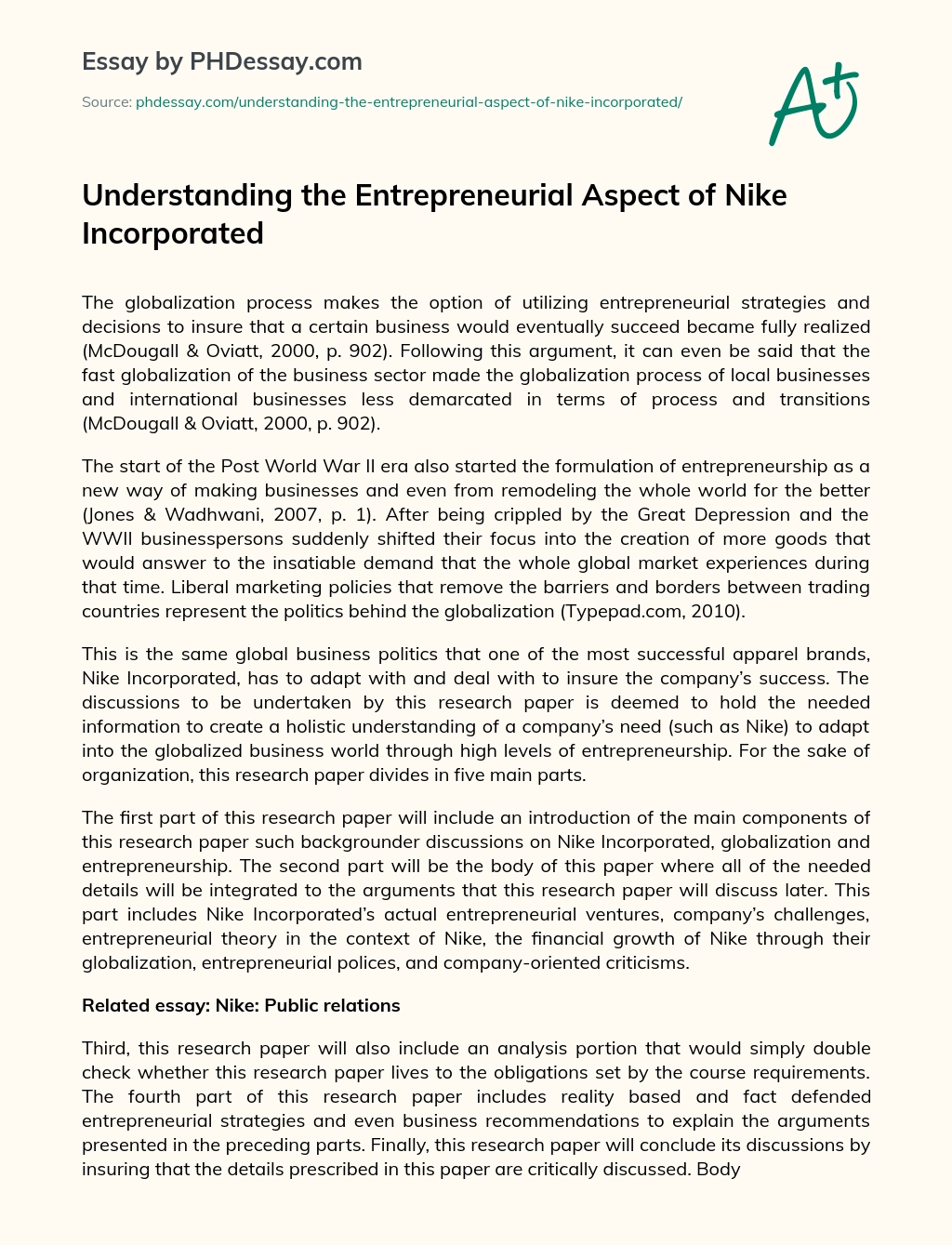 Understanding the Entrepreneurial Aspect of Nike Incorporated essay