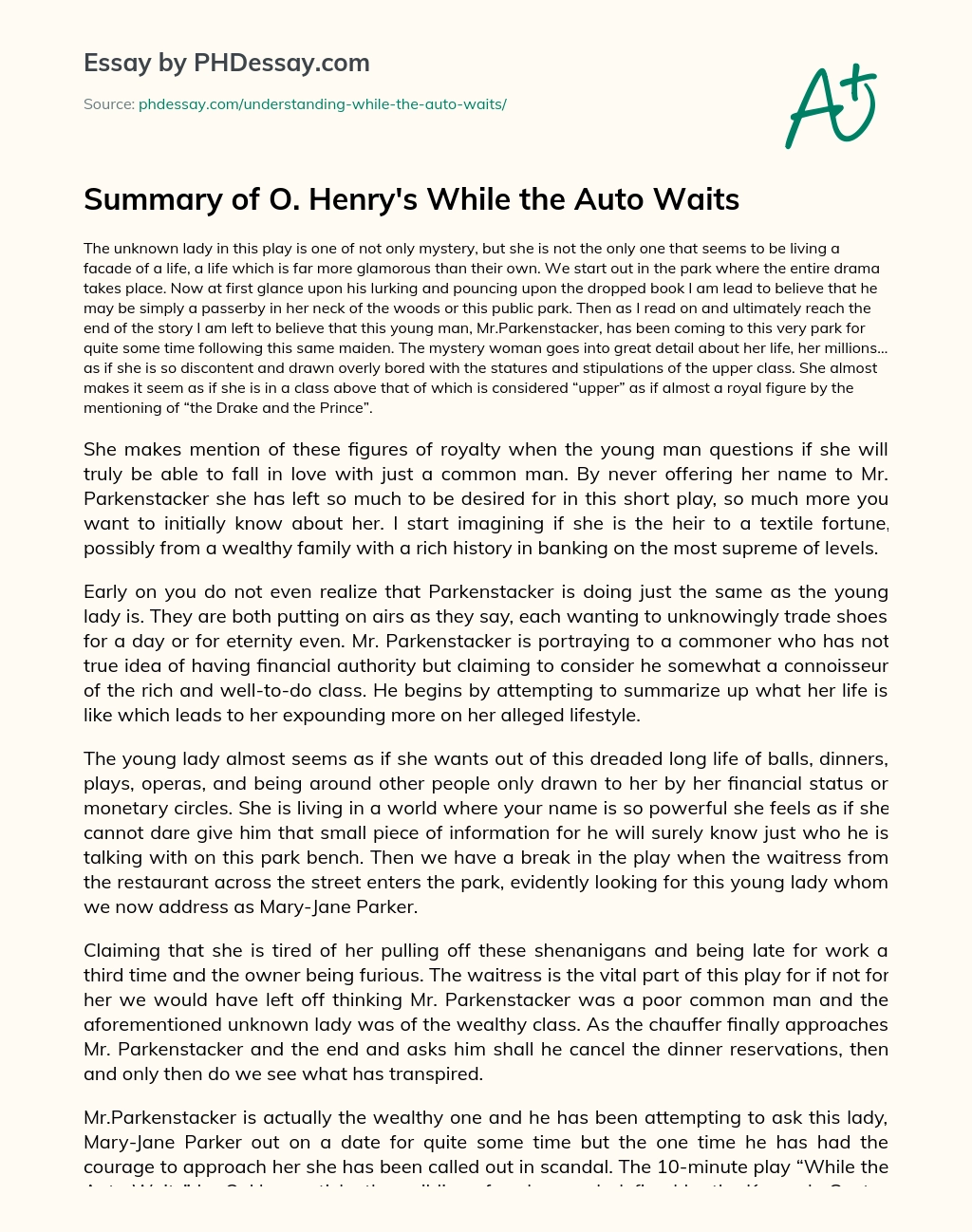 Summary of O. Henry’s While the Auto Waits essay