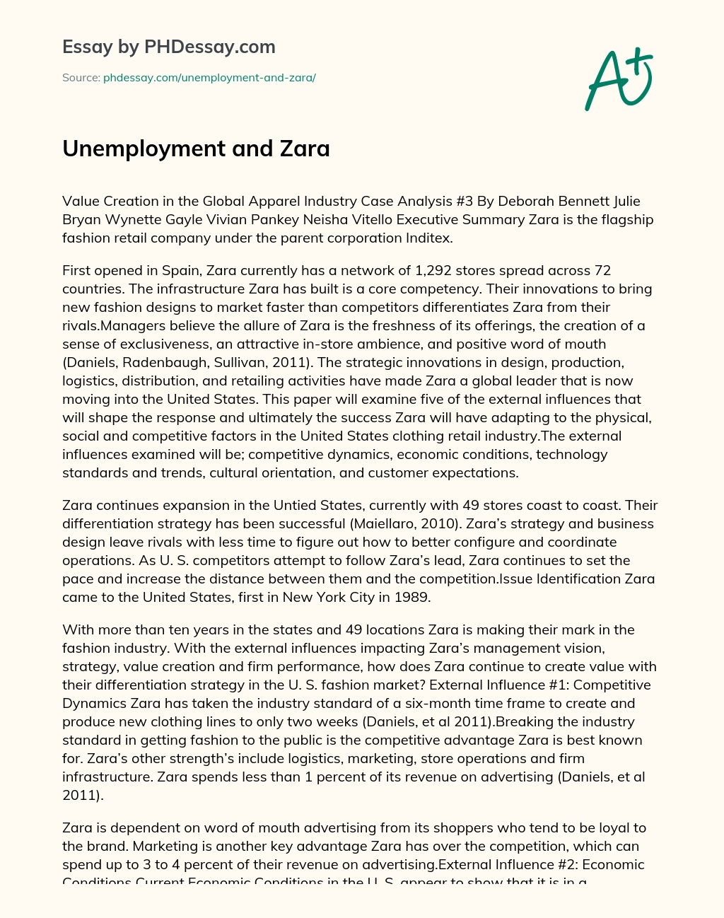 Unemployment and Zara essay