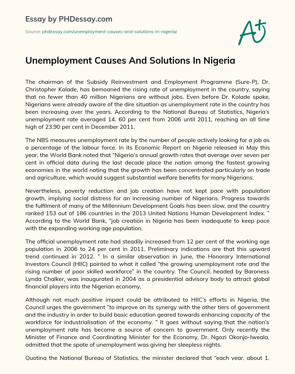 Unemployment Causes And Solutions In Nigeria essay