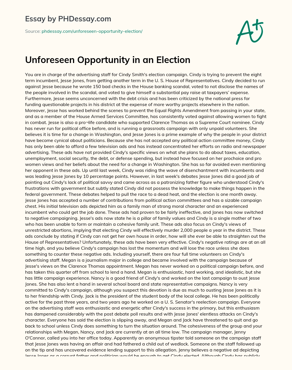 Unforeseen Opportunity in an Election essay