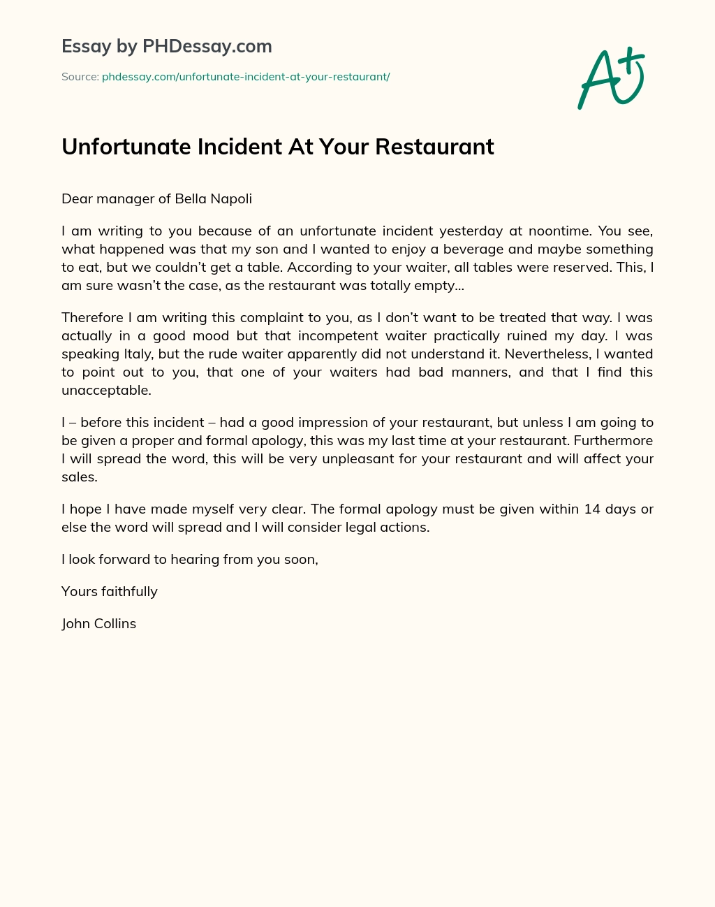 Unfortunate Incident At Your Restaurant essay