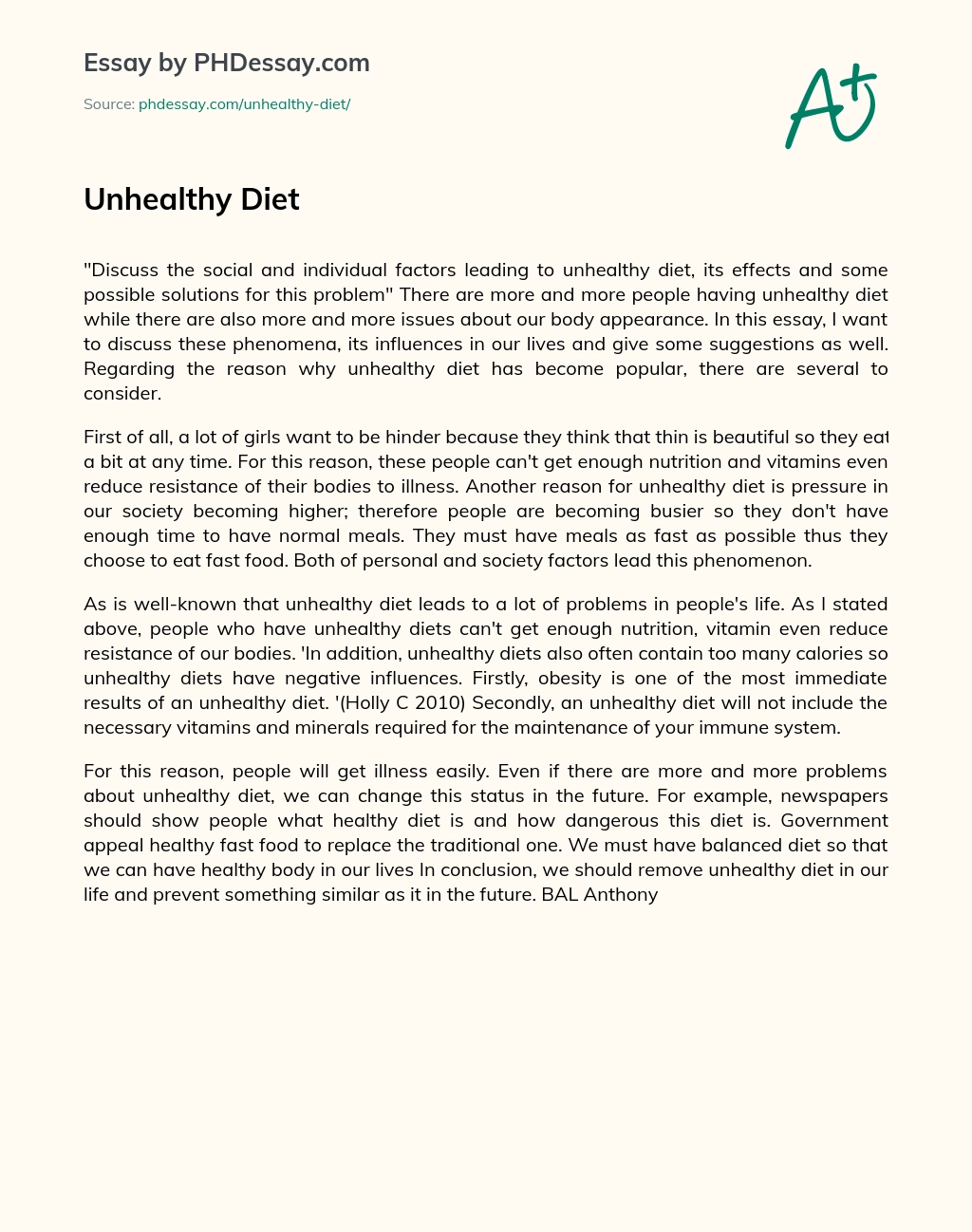 Unhealthy Diet essay