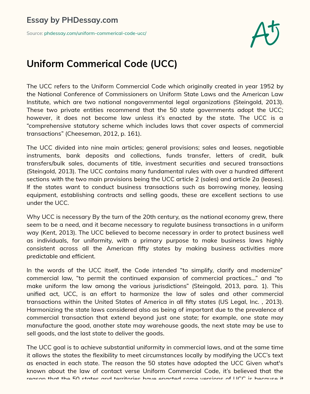 Uniform Commerical Code (UCC) essay