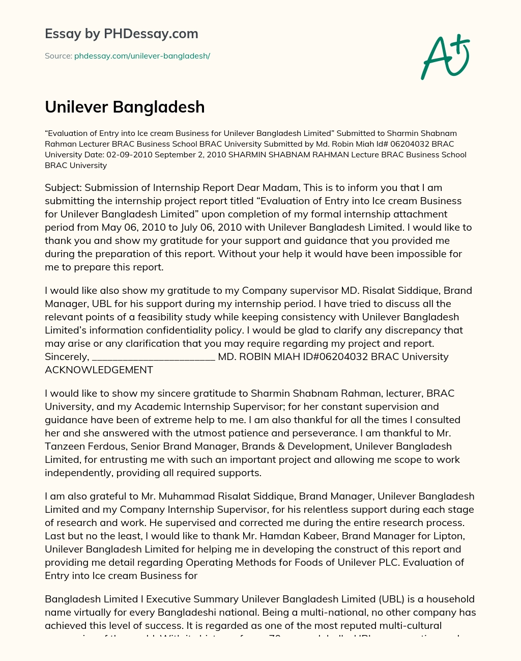 Unilever Bangladesh essay