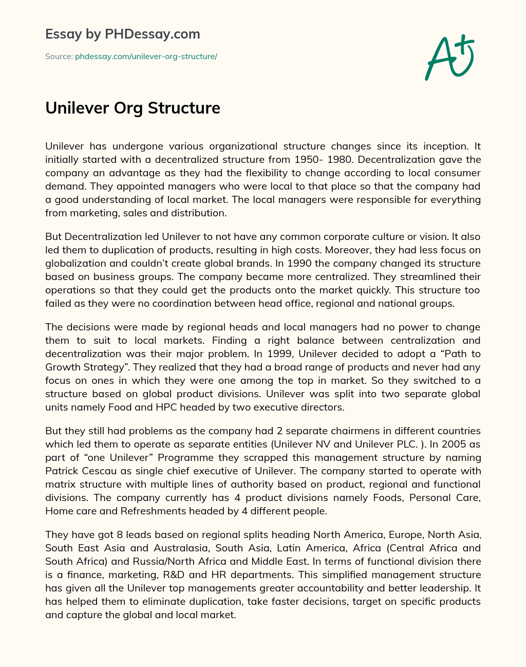 Unilever Org Structure essay
