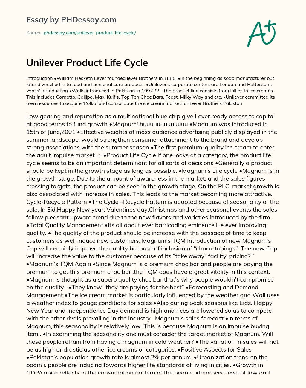 Unilever Product Life Cycle essay