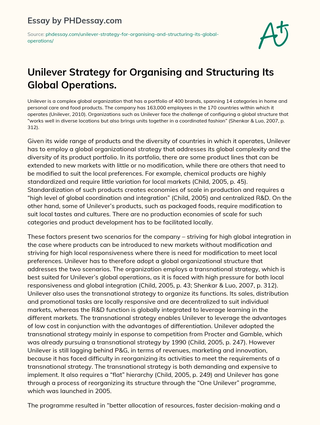 Unilever Strategy for Organising and Structuring Its Global Operations. essay