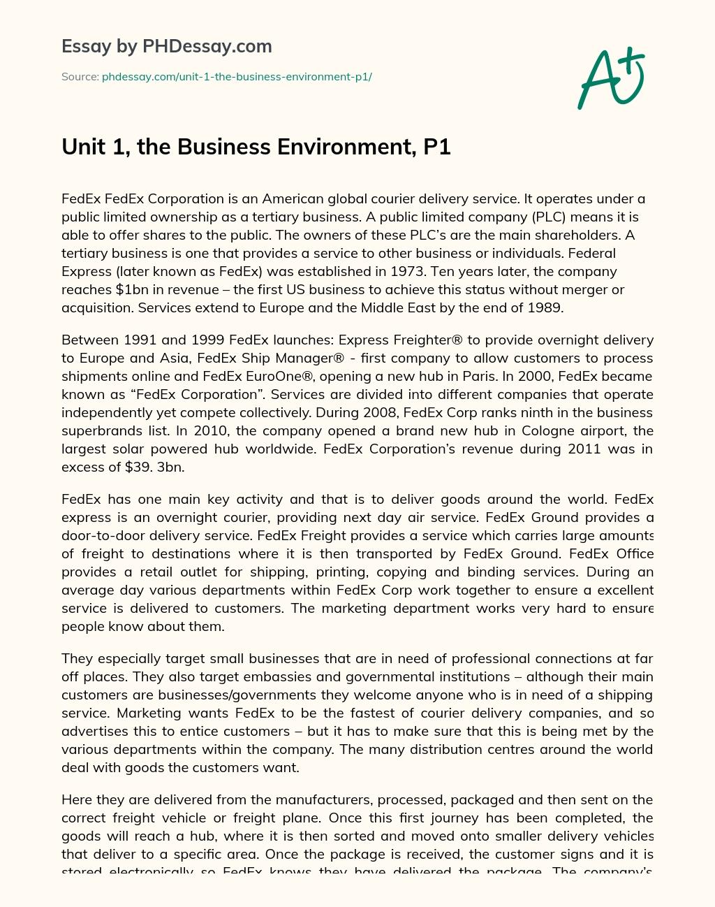 Unit 1, the Business Environment, P1 essay