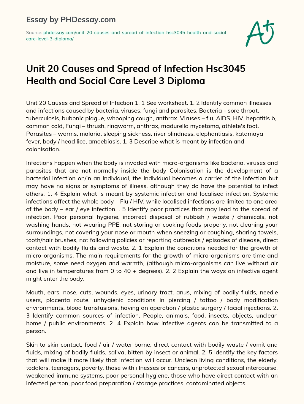 Unit 20 Causes and Spread of Infection Hsc3045 Health and Social Care Level 3 Diploma essay