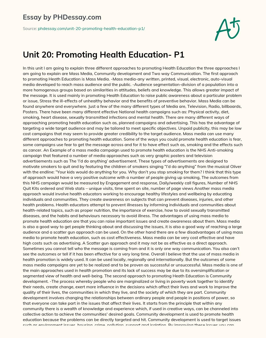 Unit 20: Promoting Health Education- P1 essay