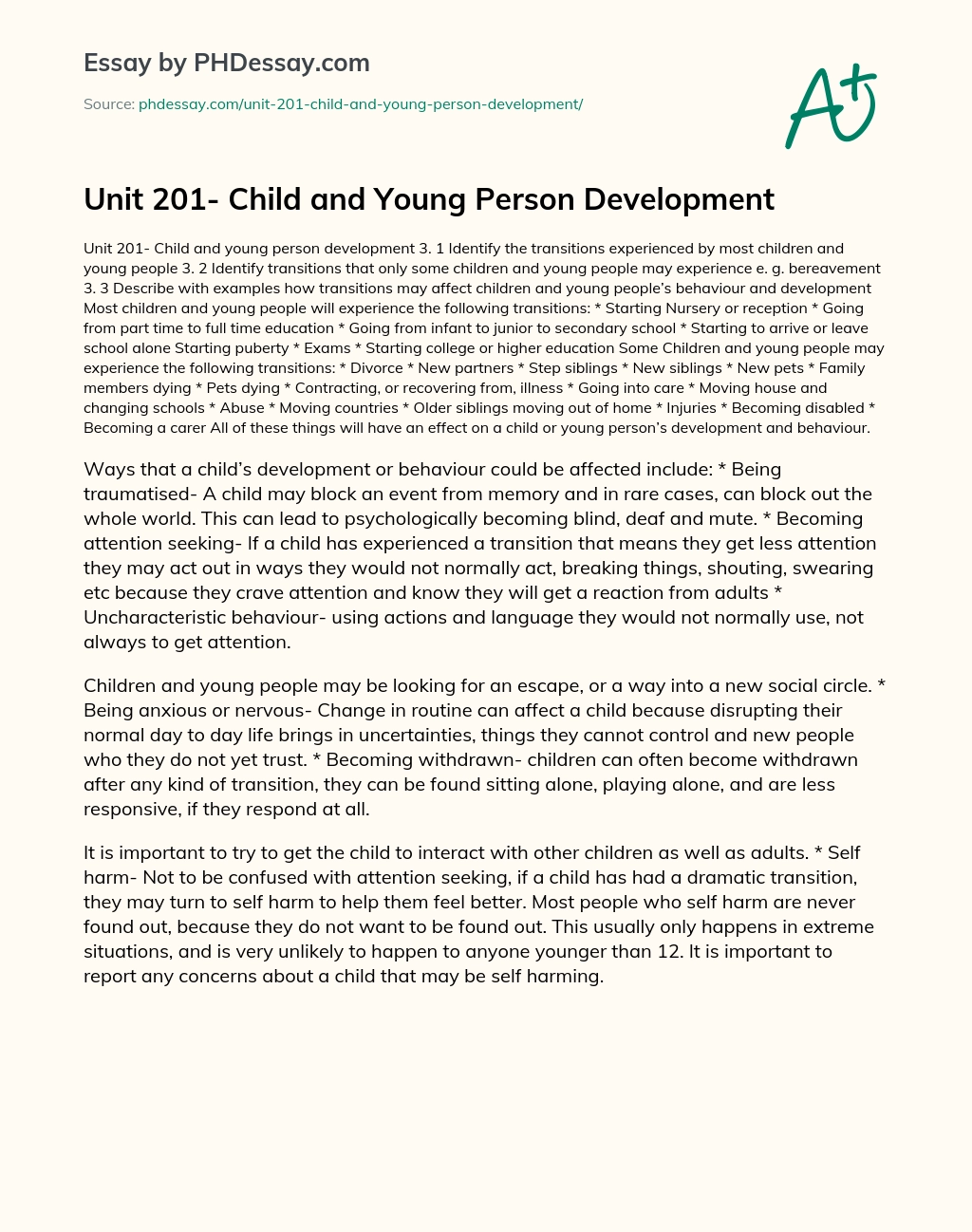 Unit 201- Child and Young Person Development essay