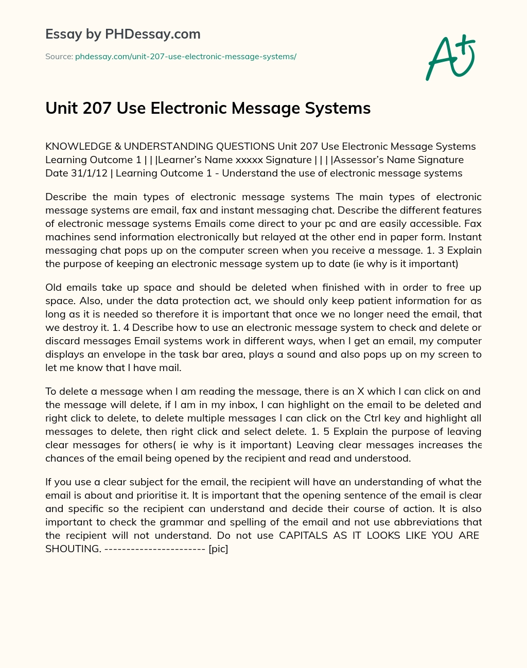 Unit 207 Use Electronic Message Systems essay