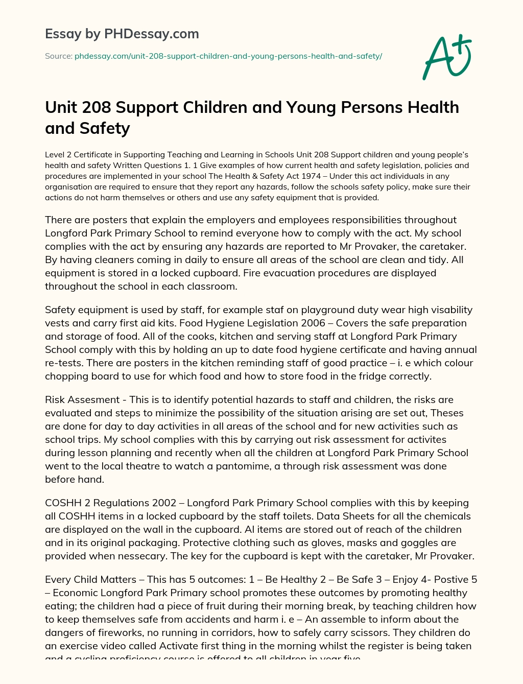 Unit 208 Support Children and Young Persons Health and Safety essay