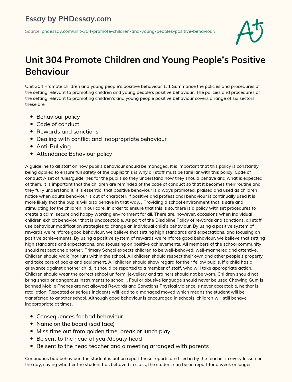 Promote Children and Young People’s Positive Behaviour essay