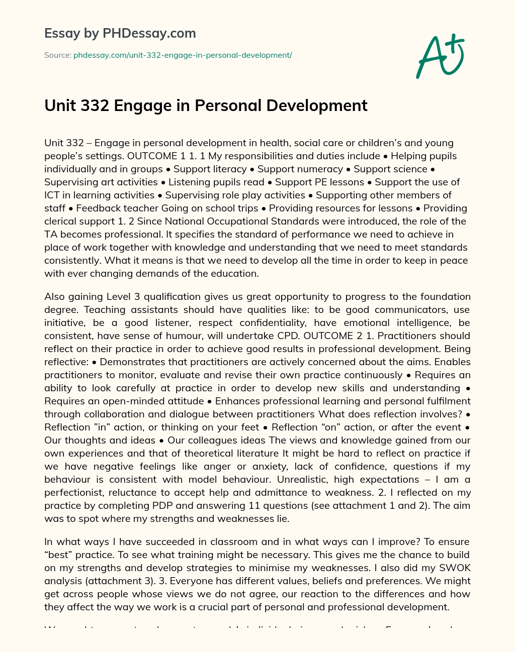 Unit 332 Engage in Personal Development essay