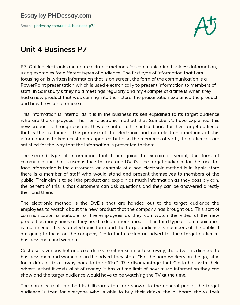 Unit 4 Business P7 essay