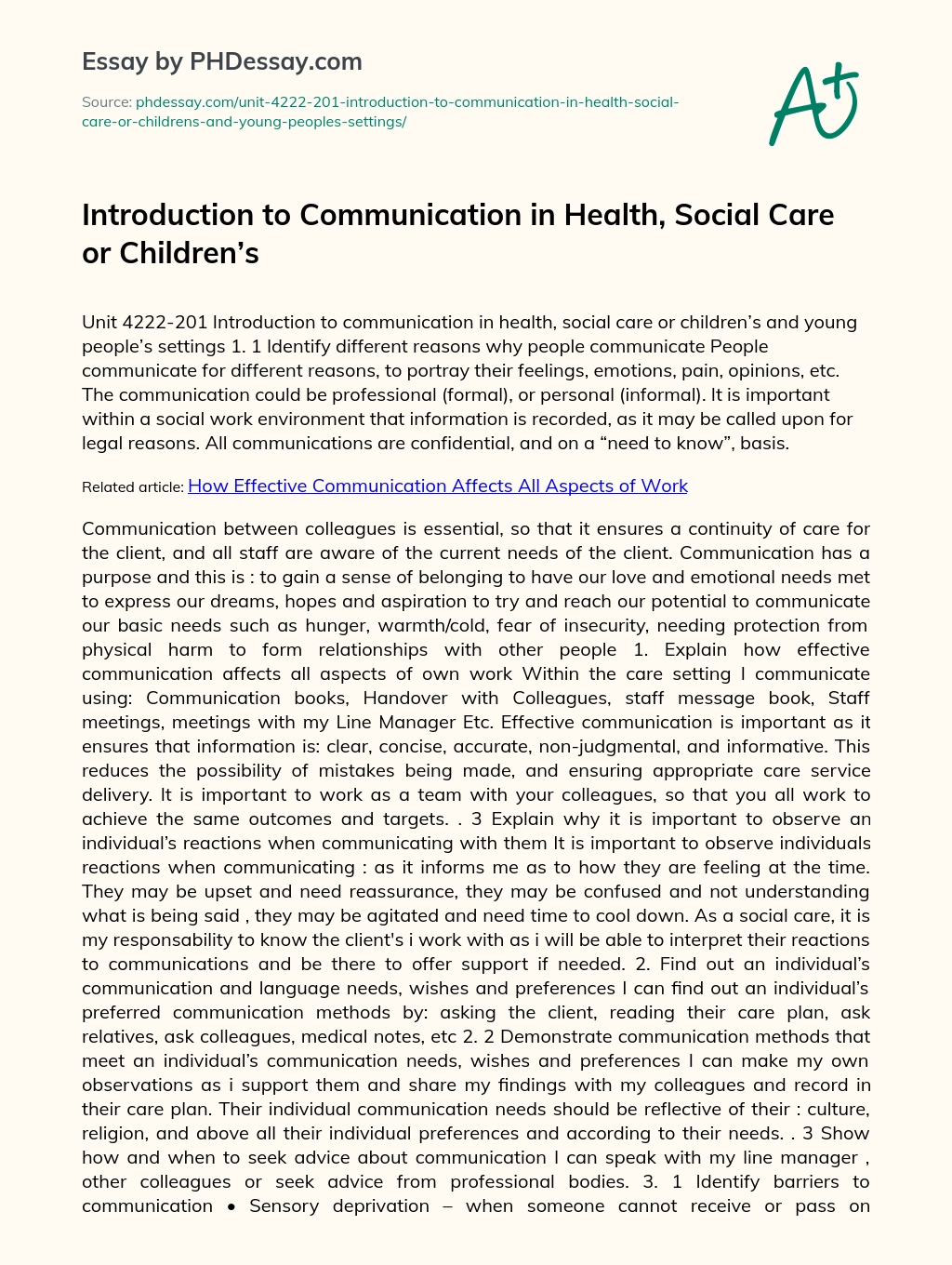 Introduction to Communication in Health, Social Care or Children’s essay
