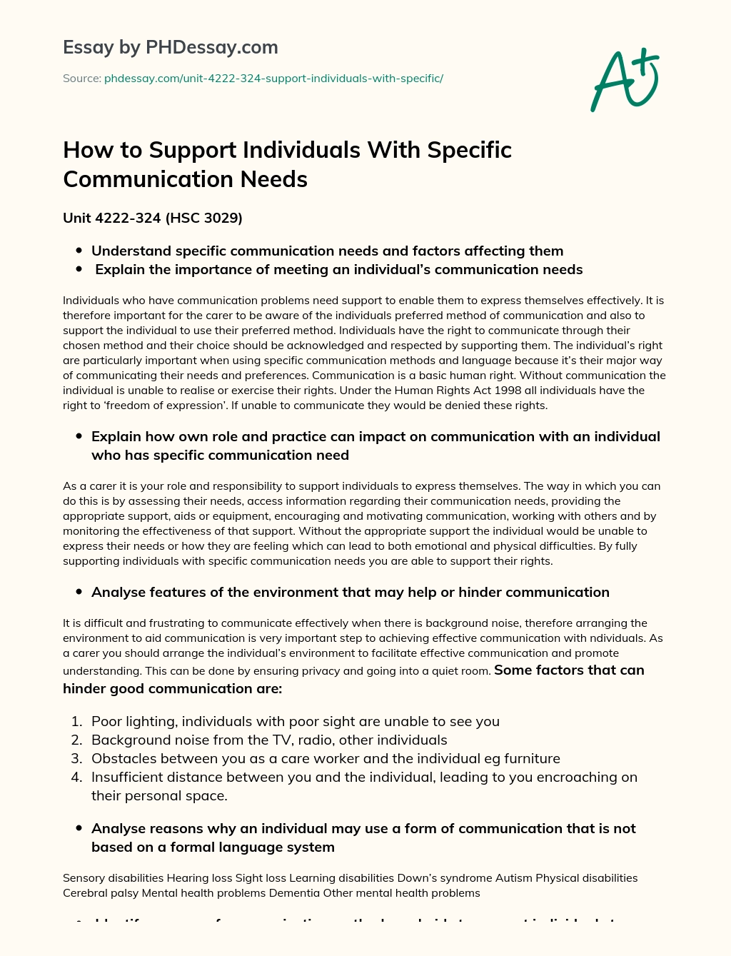 How to Support Individuals With Specific Communication Needs essay