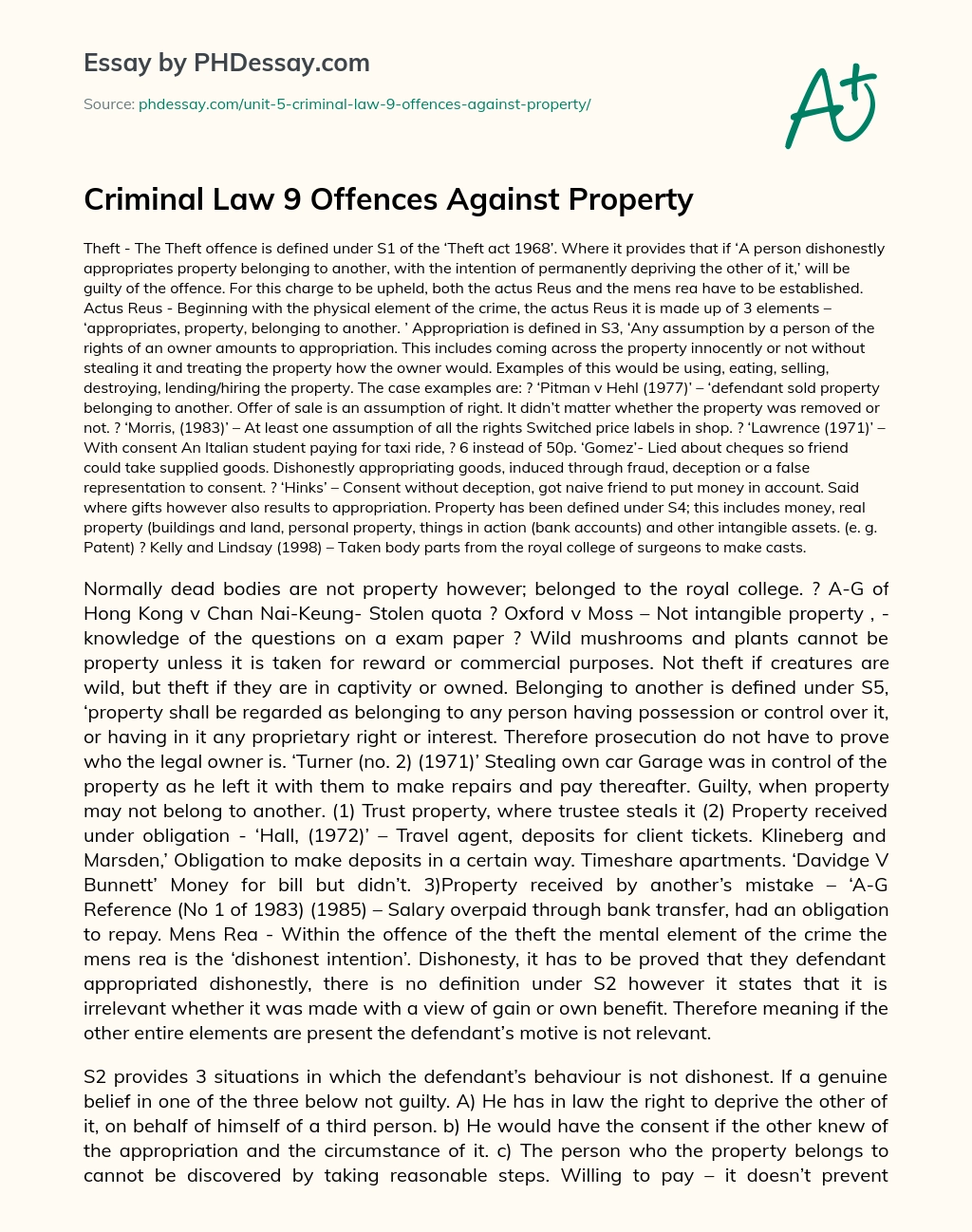 Criminal Law 9 Offences Against Property essay