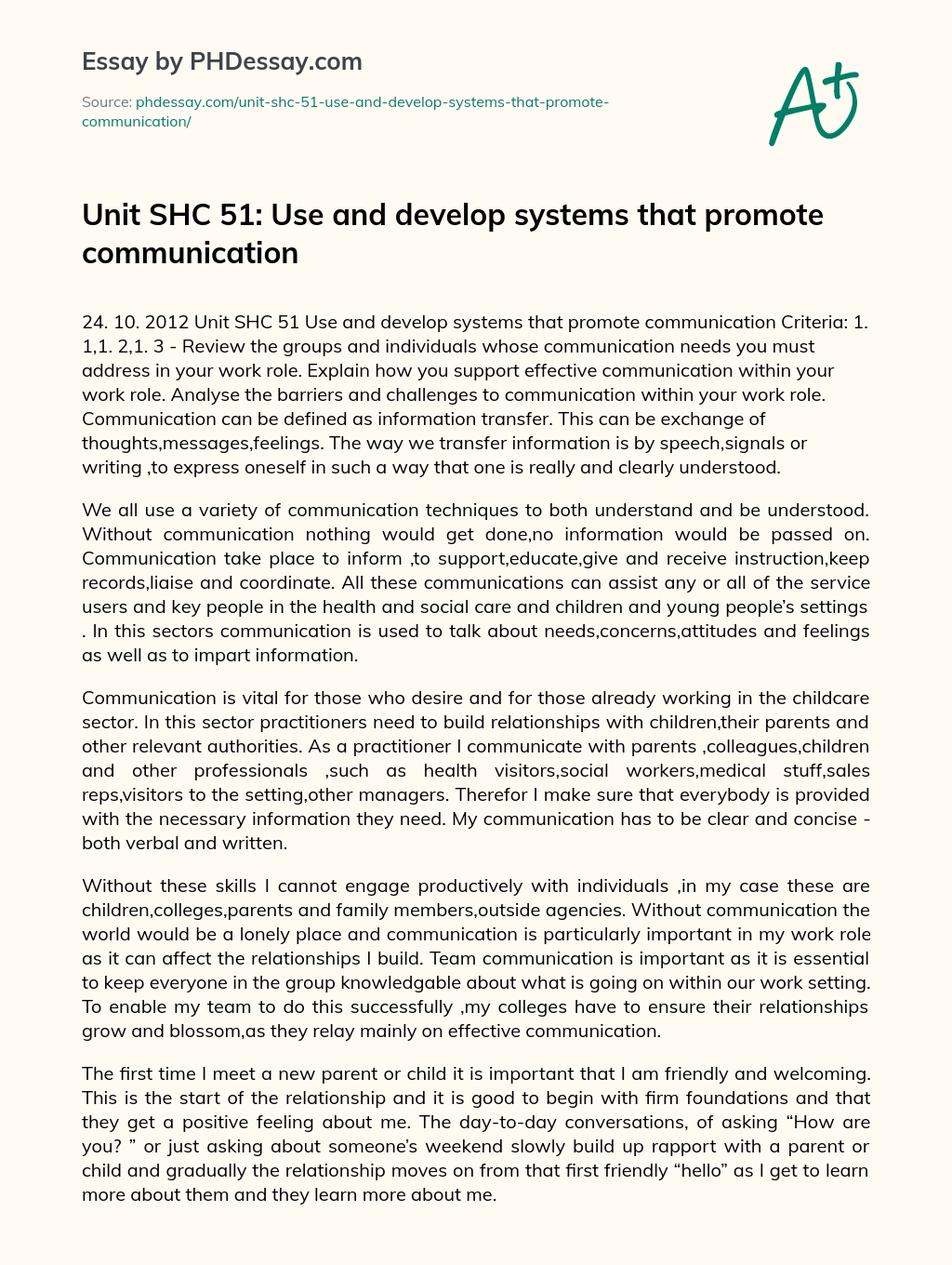 Unit SHC 51: Use and develop systems that promote communication essay