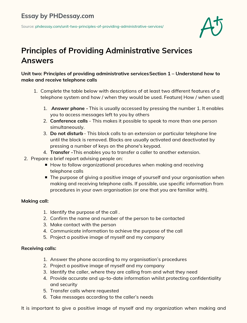 Principles of Providing Administrative Services Answers essay
