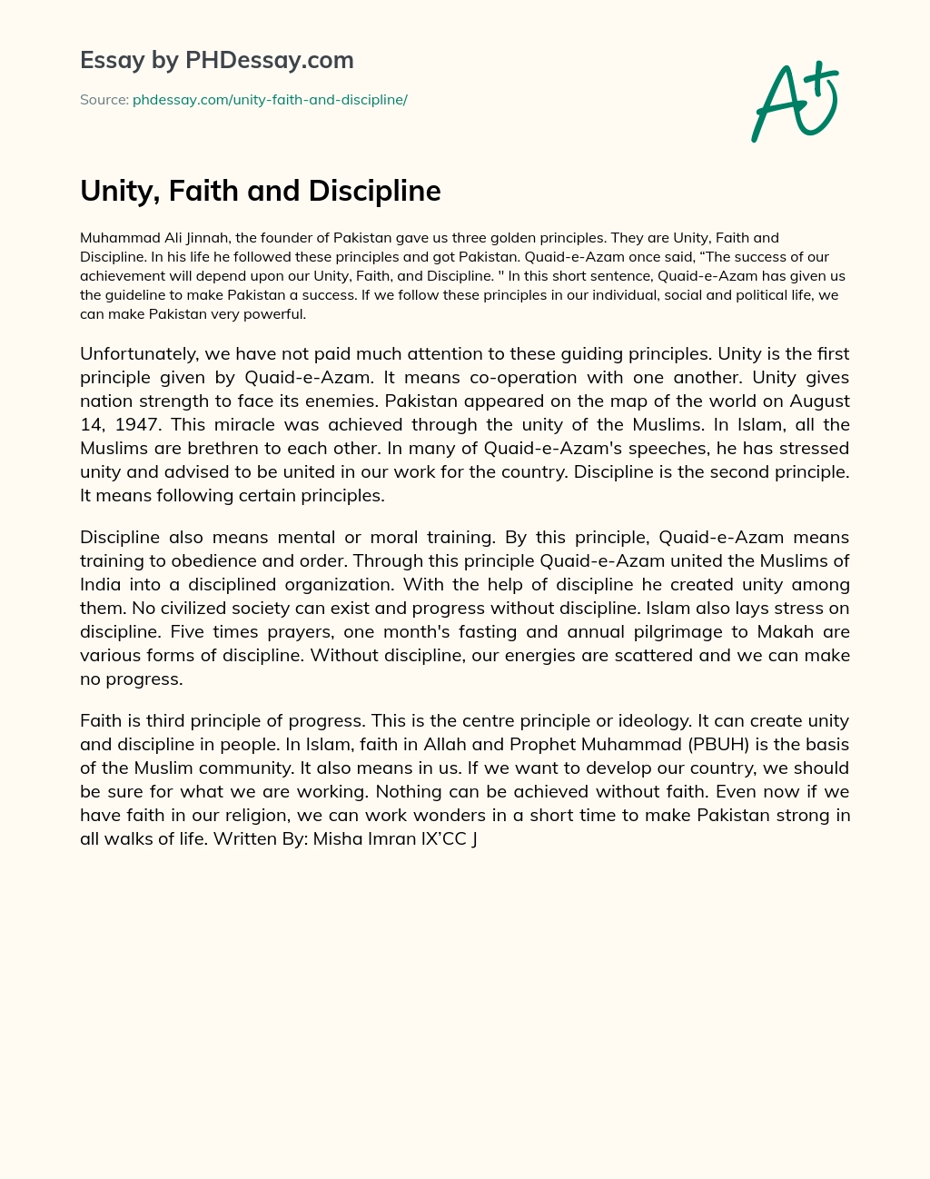 Unity, Faith and Discipline essay