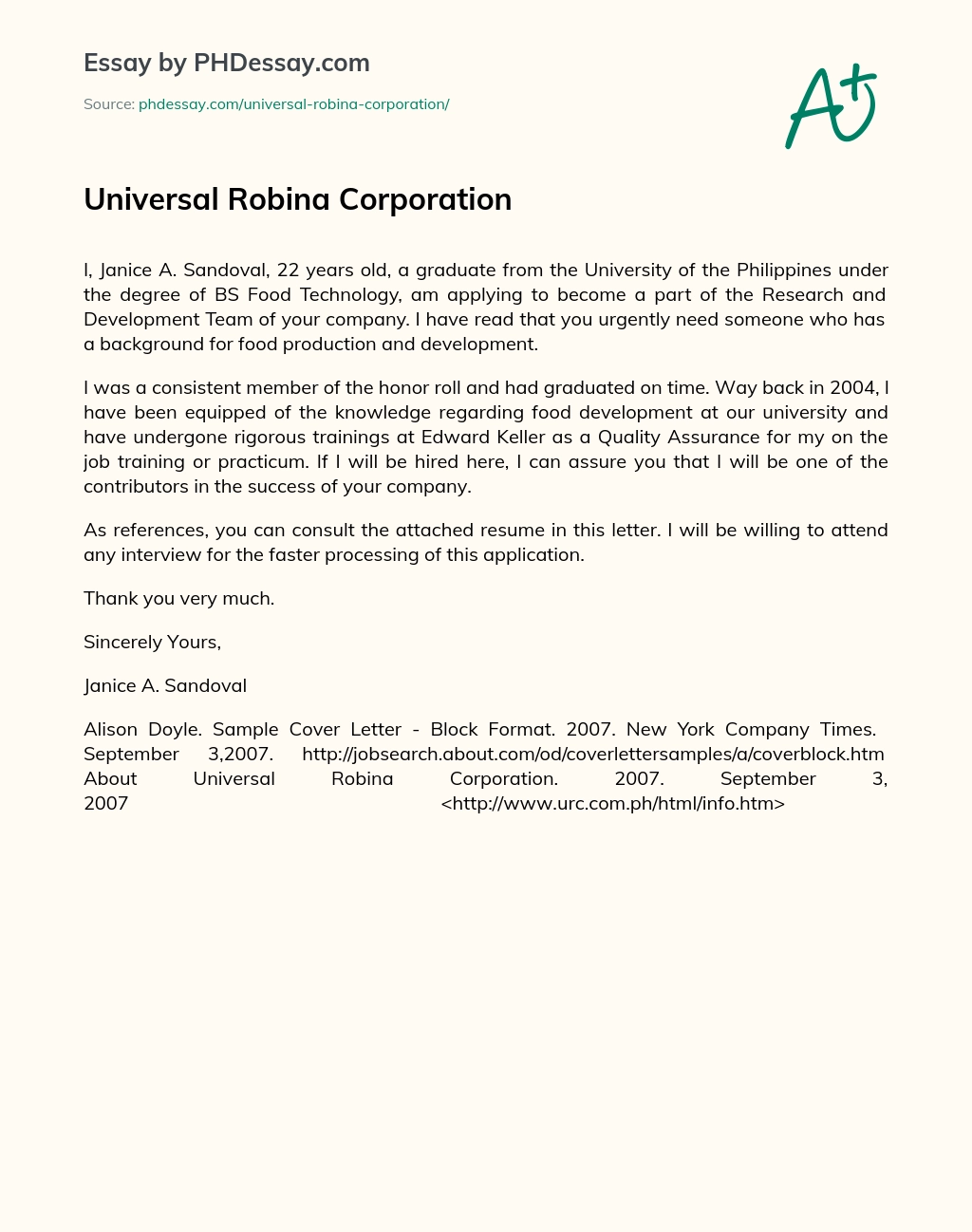 Universal Robina Corporation essay