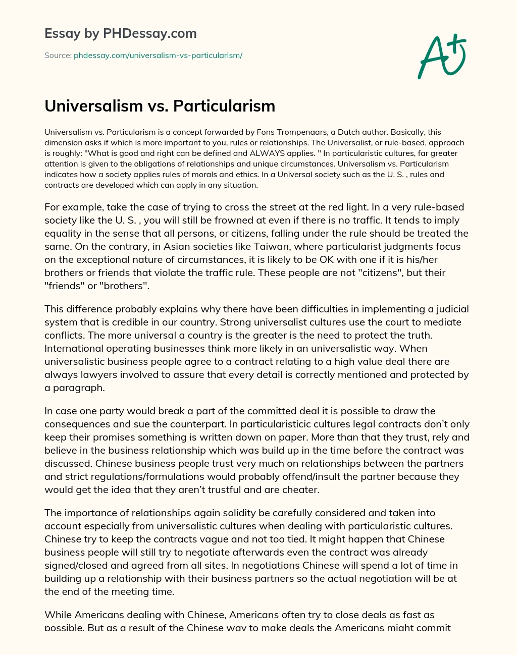 Universalism vs. Particularism essay