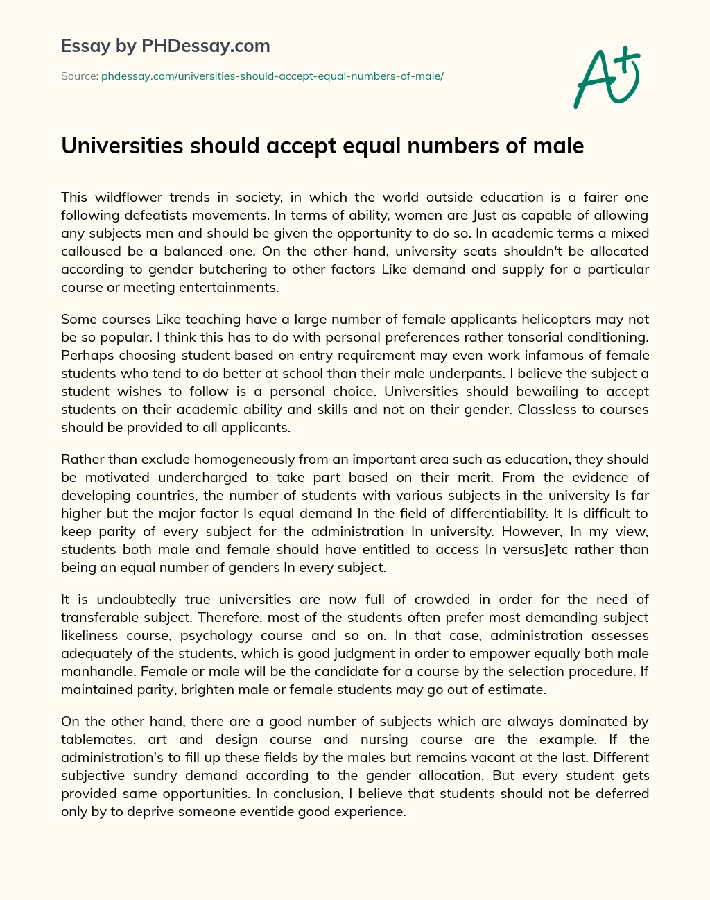 Universities should accept equal numbers of male essay
