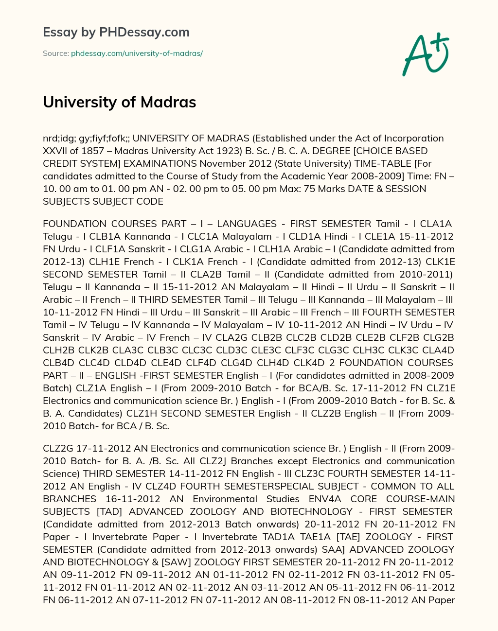 University of Madras essay