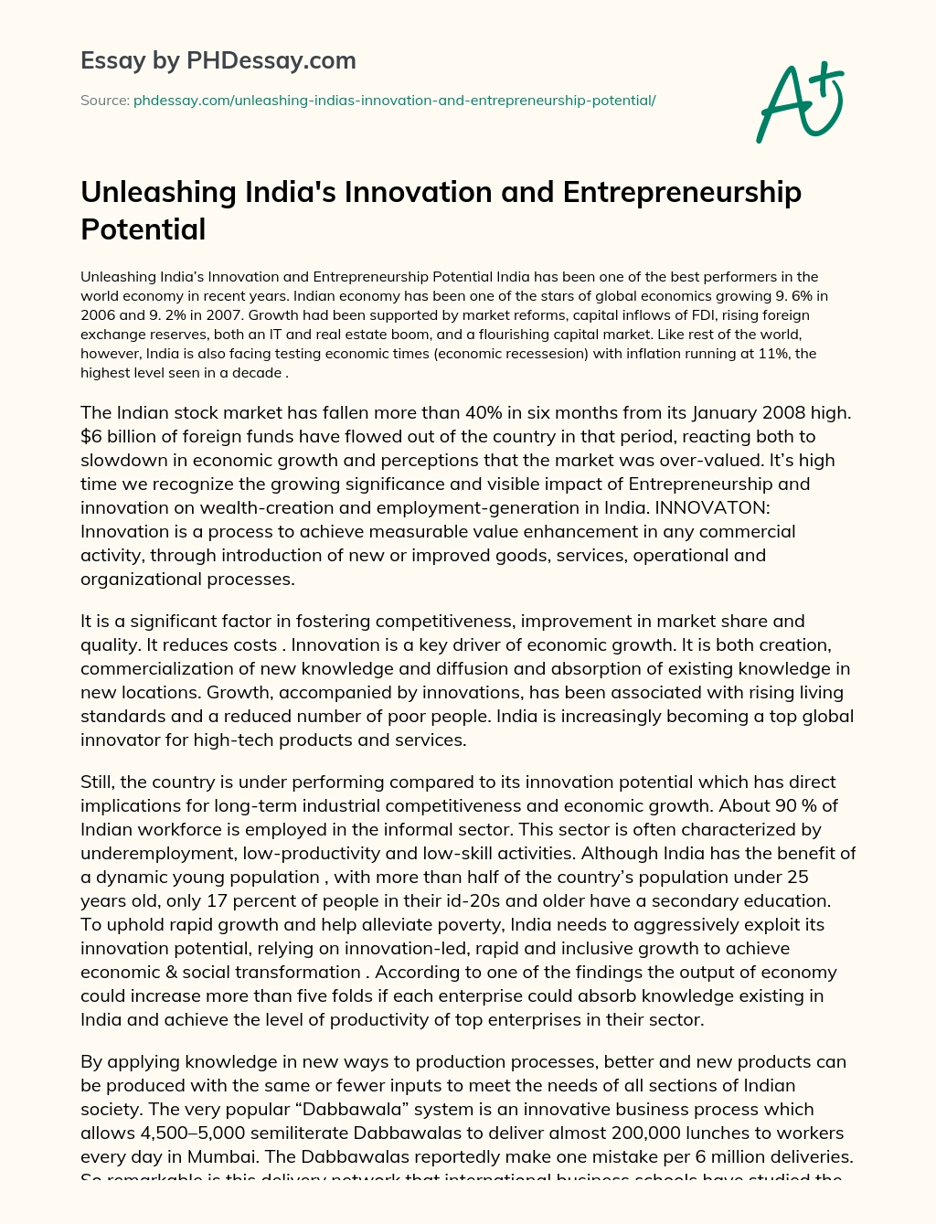 Unleashing India’s Innovation and Entrepreneurship Potential essay